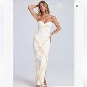 Oh Polly - Plissé Ruffle Trim Maxi Dress - Ivory - US 2 - NEW WITH TAGS